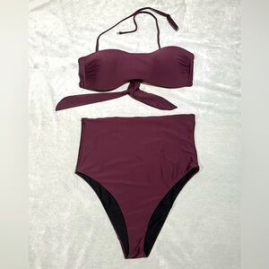 Gianni Bini High Waisted Bandeau Top Bikini Set Reversible Bottoms Maroon EUC